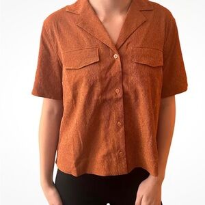 Athleta Sz Small Petite Burnt Orange Blouse Short Sleeve Crop Collared Button …